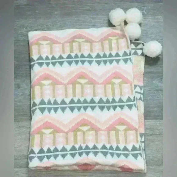 Pottery Barn Blanket Kids Emily Meritt Throw Pink Gold Gray White Pom Pom 30x40” - Picture 1 of 5